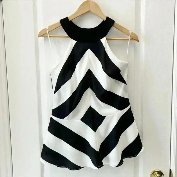 Ricki’s Blouse Sleeveless Peplum Halter  Neck Flowy Chevron Black White Size 0 - Picture 3 of 16